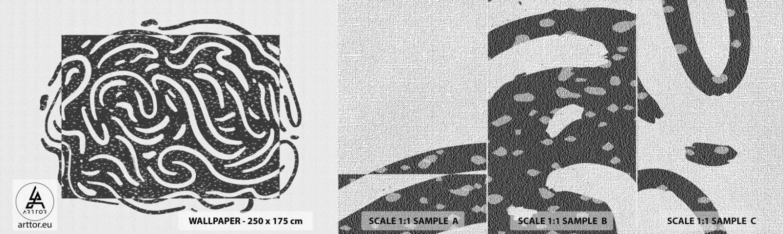 Échantillon de Papier Peint Premium Canvas - Abstraction : la danse de la joie - Bohème, Noir et blanc, Minimalisme - 100x30 cm