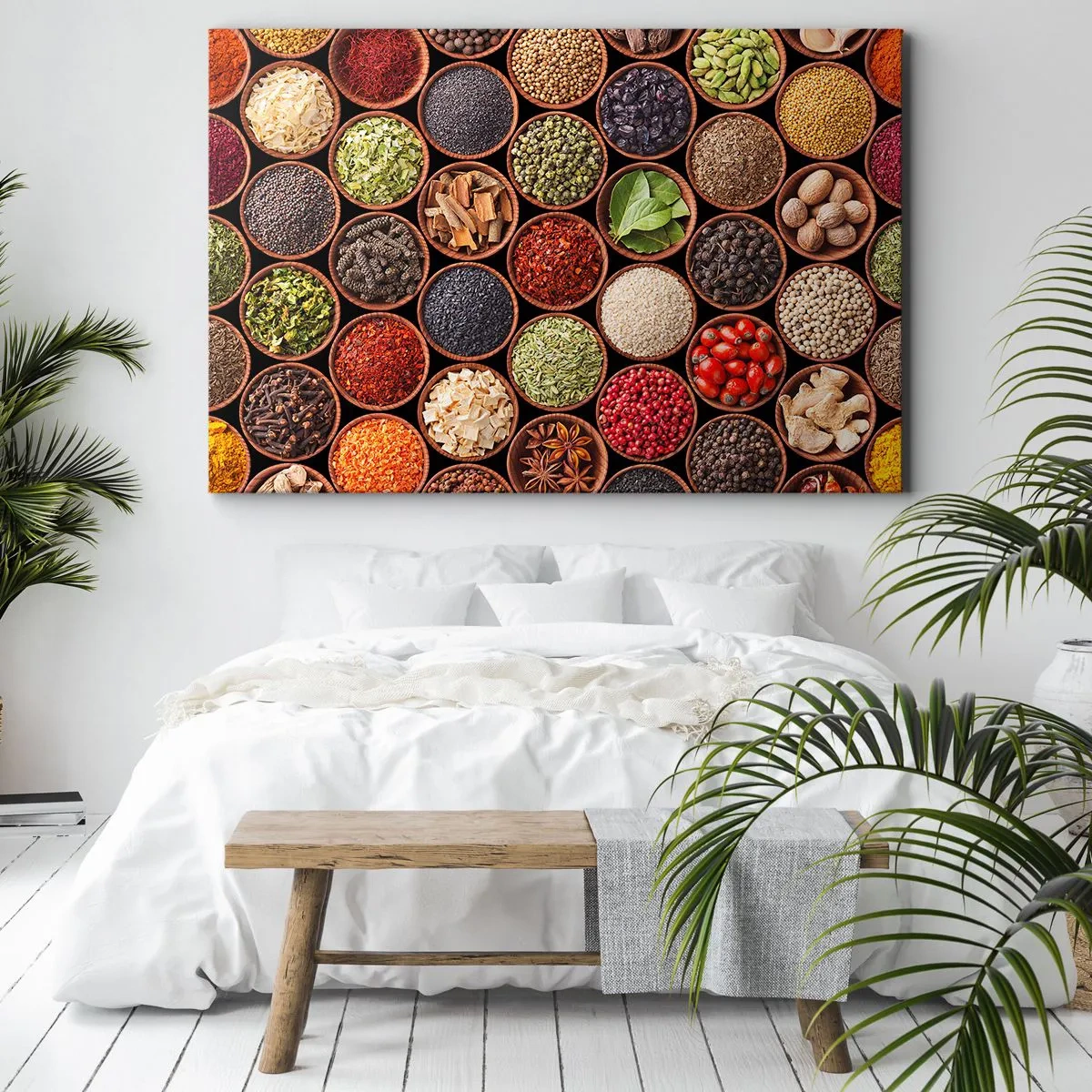 Impression sur toile - Image sur toile - Épices colorées dans des récipients ronds - 70x50cm - Toutes les saveurs du monde - Décoration murale moderne pour le salon et la chambre ARTTOR