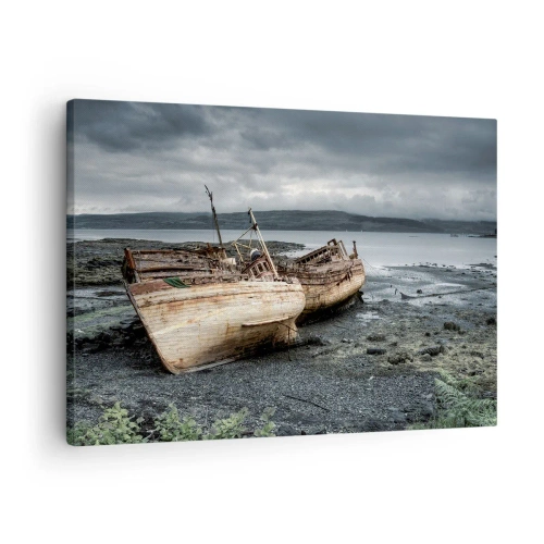 Impression sur toile - Image sur toile - Bateaux abandonnés sur le rivage dans une scène pluvieuse - 70x50cm - "En signe d'épreuves difficile" - Décoration murale moderne pour le salon et la chambre ARTTOR
