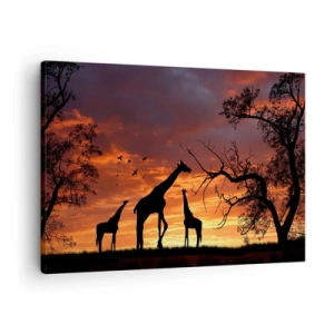 Impression sur toile - Image sur toile - Silhouettes de girafes sur fond de coucher de soleil africain - 70x50cm - Un petit dîner avec vos proches - Décoration murale moderne pour le salon et la chambre ARTTOR