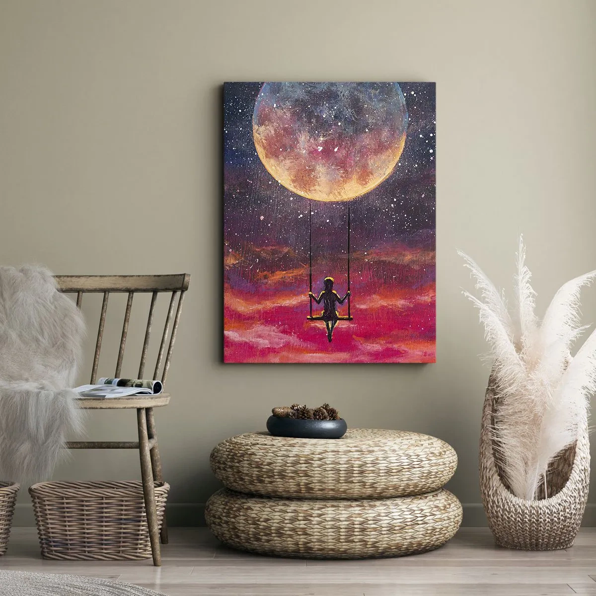 Impression sur toile - Image sur toile - Une silhouette sur une balançoire suspendue contre la lune - 50x70cm - Se balancer dans les nuages - Décoration murale moderne pour le salon et la chambre ARTTOR