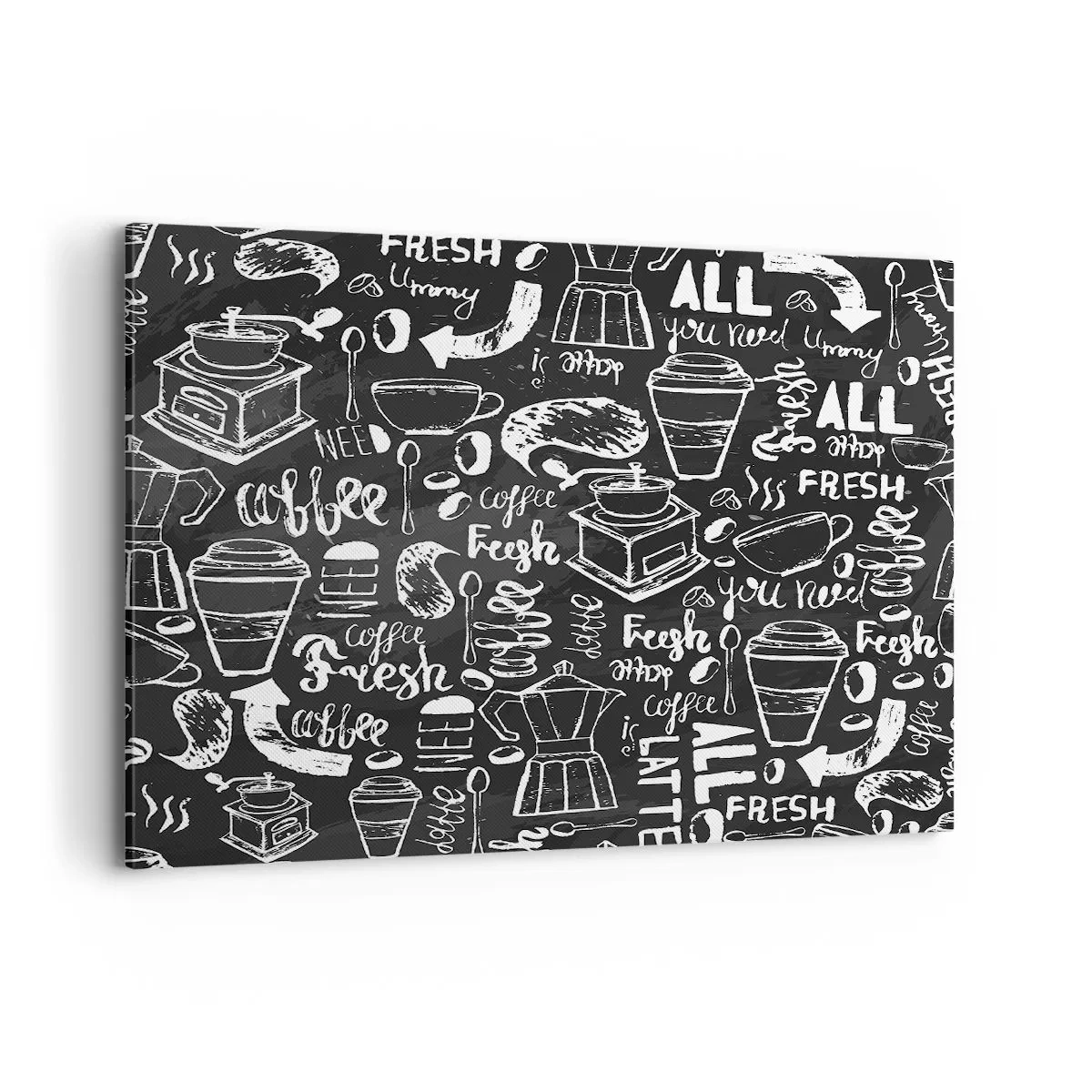 Impression sur toile - Image sur toile - Graphiques de café élégants sur fond noir - 120x80cm - Tout ce dont tu as besoin c'est… - Décoration murale moderne pour le salon et la chambre ARTTOR
