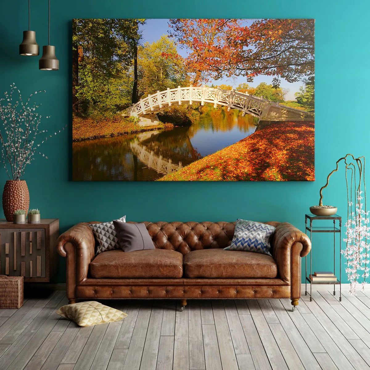 Impression sur toile - Image sur toile - Un pont dans un parc entouré de feuilles d'automne sur une eau calme - 120x80cm - Sur le pont blanc des soupirs - Décoration murale moderne pour le salon et la chambre ARTTOR