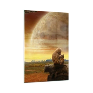 Impression sur verre - Image sur verre - Des singes assis sur un rocher dans un paysage surréaliste avec une planète géante - 70x100cm - L'amour est le même partout - Décoration murale moderne pour le salon et la chambre ARTTOR
