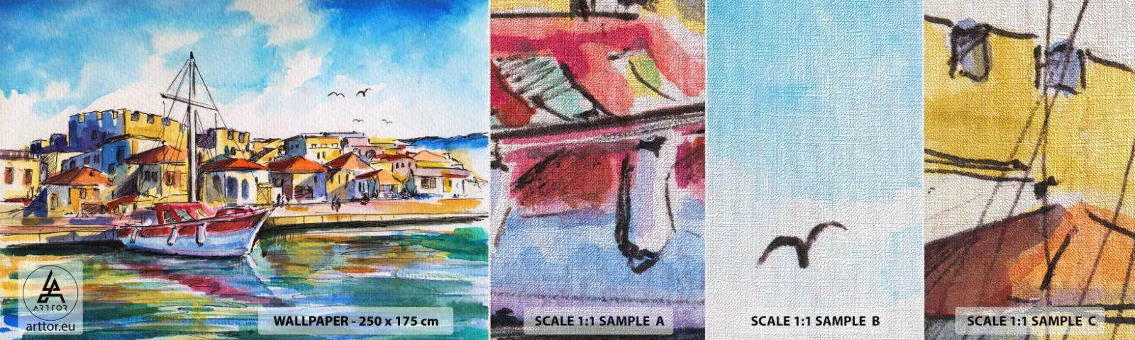 Échantillon de Papier Peint Premium Canvas - Après-midi arc-en-ciel - port, Yacht, Bord de mer - 100x30 cm