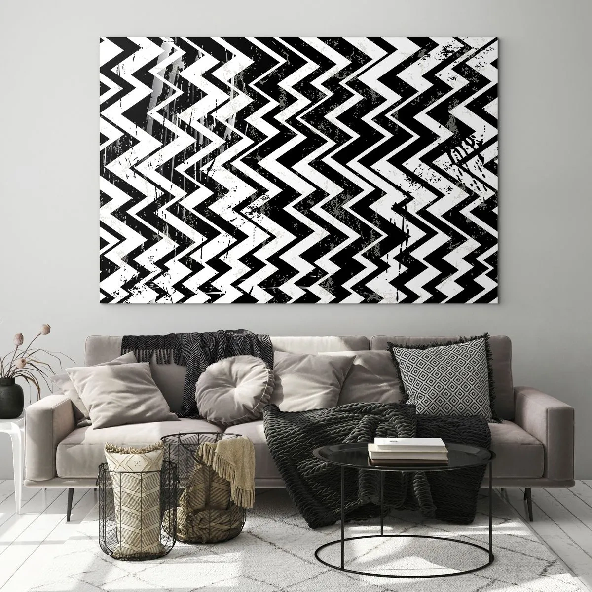Impression sur verre - Image sur verre - Un motif en zigzag noir et blanc avec une composition et une texture dynamiques. - 70x50cm - Zig-blanc, zag-noir - Décoration murale moderne pour le salon et la chambre ARTTOR