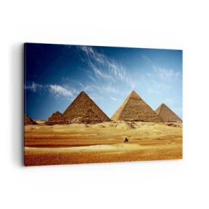 Impression sur toile - Image sur toile - Les pyramides de Gizeh contre un ciel bleu et un paysage désertique - 100x70cm - 40 siècles vous regardent - Décoration murale moderne pour le salon et la chambre ARTTOR