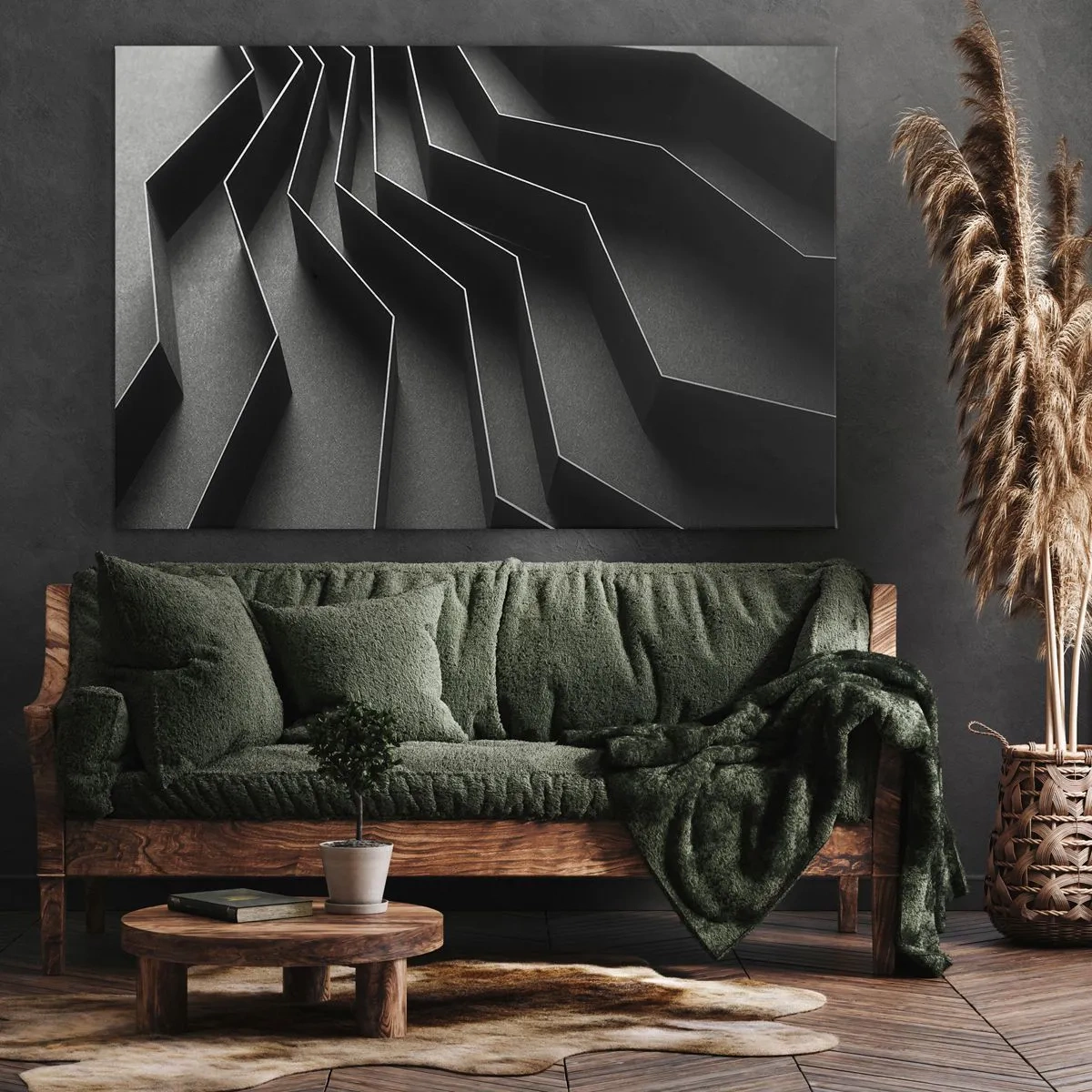 Impression sur toile - Image sur toile - Abstraction en noir et blanc avec des structures géométriques - 70x50cm - Ordre spatial - Décoration murale moderne pour le salon et la chambre ARTTOR