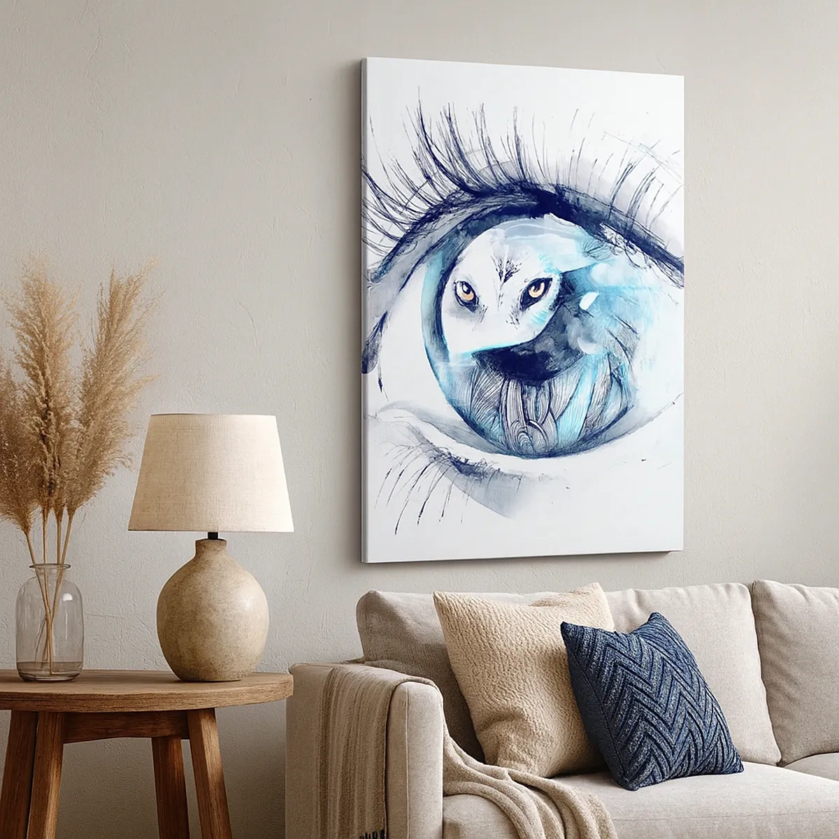 Impression sur toile - Image sur toile - Un œil avec une image d'un hibou dans des tons bleus à l'aquarelle - 50x70cm - Face à face avec la nature sauvage - Décoration murale moderne pour le salon et la chambre ARTTOR