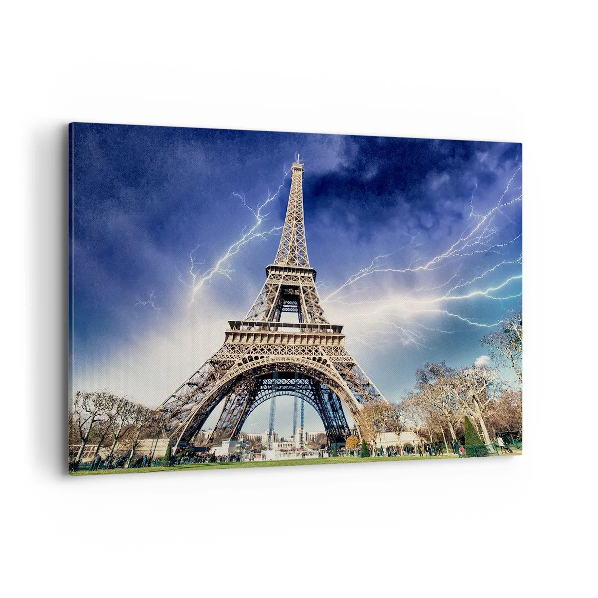 Impression sur toile - Image sur toile - La Tour Eiffel avec un ciel orageux et des éclairs en arrière-plan - 120x80cm - Maître des tempêtes - Décoration murale moderne pour le salon et la chambre ARTTOR