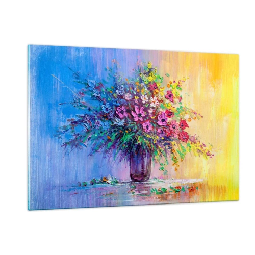Impression sur verre - Image sur verre - Un bouquet de fleurs colorées dans un vase sur un fond abstrait - 120x80cm - Cadeau d'été de la prairie - Décoration murale moderne pour le salon et la chambre ARTTOR