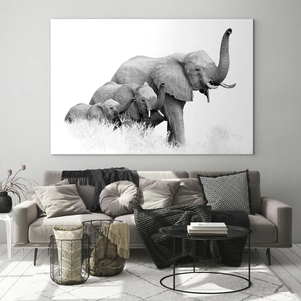 Impression sur verre - Image sur verre - Famille d'éléphants noirs et blancs dans la nature - 70x50cm - Un, deux, trois - Décoration murale moderne pour le salon et la chambre ARTTOR