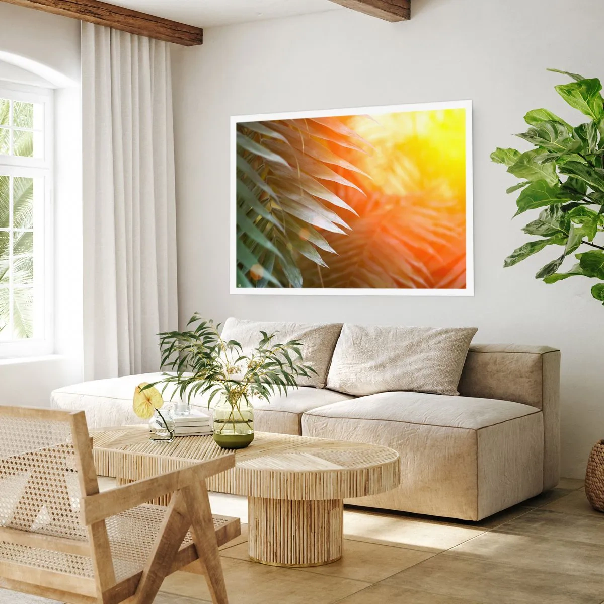 Affiche - Poster - Feuilles de palmier dans les rayons du soleil couchant - 100x70cm - Matinée dans la jungle - Décoration murale moderne pour le salon et la chambre ARTTOR