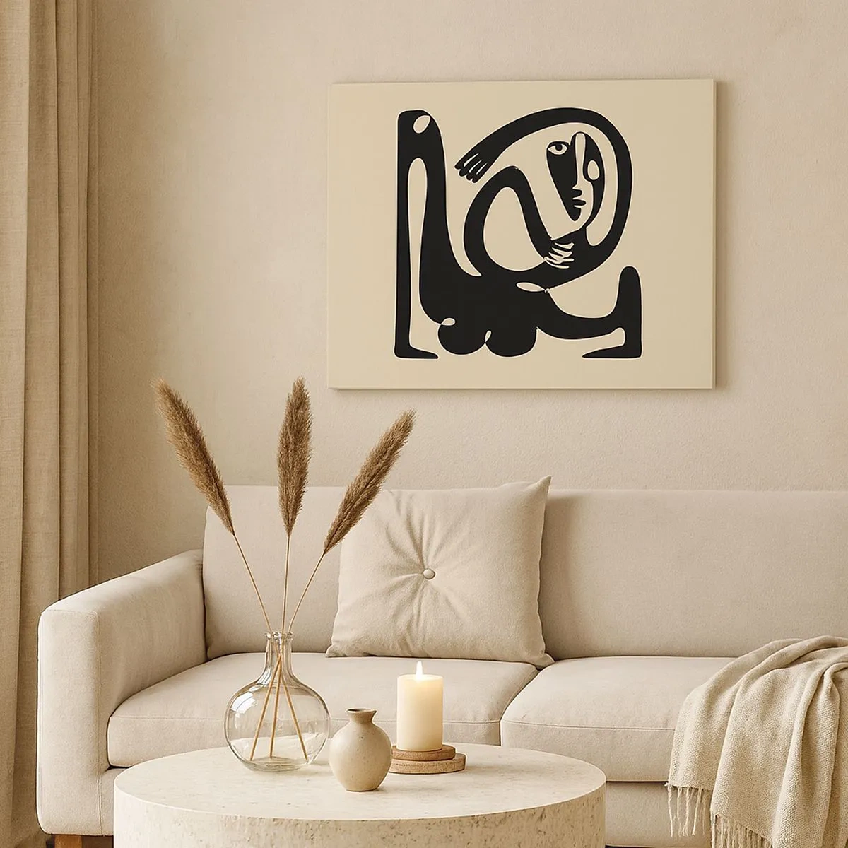 Impression sur toile - Image sur toile - Une figure abstraite en noir sur fond beige - 70x50cm - Presque du Picasso - Décoration murale moderne pour le salon et la chambre ARTTOR