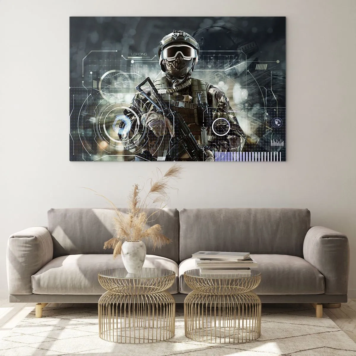 Impression sur verre - Image sur verre - Un soldat en équipement tactique sur fond d'interface futuriste. - 120x80cm - Puissance sans limite - Décoration murale moderne pour le salon et la chambre ARTTOR