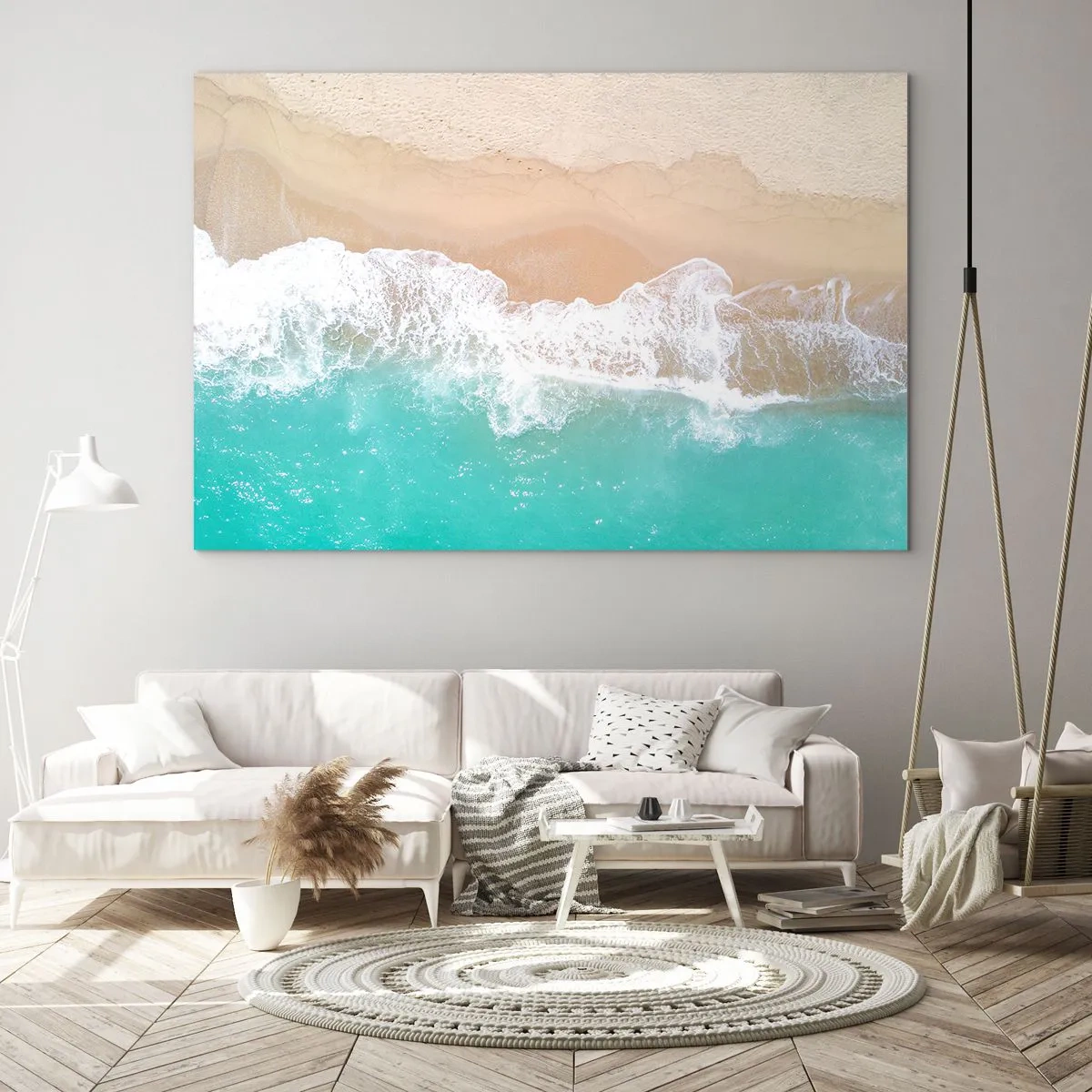 Impression sur verre - Image sur verre - Vue aérienne de la plage avec de l'eau turquoise et des vagues blanches - 70x50cm - Caresse de l'océan - Décoration murale moderne pour le salon et la chambre ARTTOR