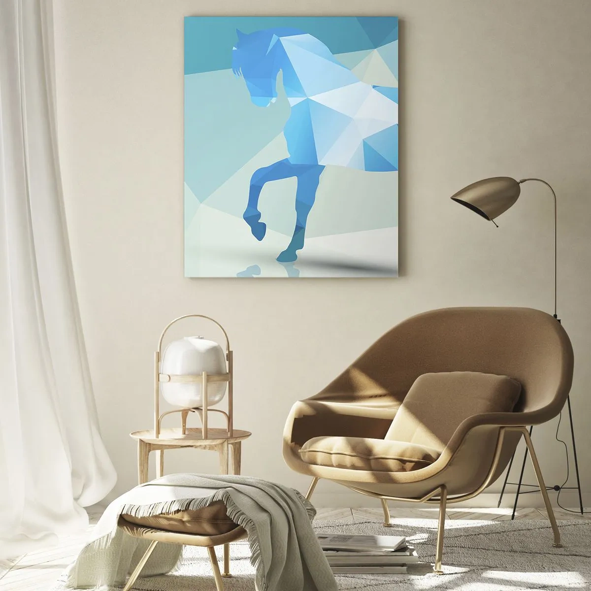 Impression sur verre - Image sur verre - Cheval géométrique dans les tons bleu et blanc - 50x70cm - Cheval géométrique en turquoise - Décoration murale moderne pour le salon et la chambre ARTTOR
