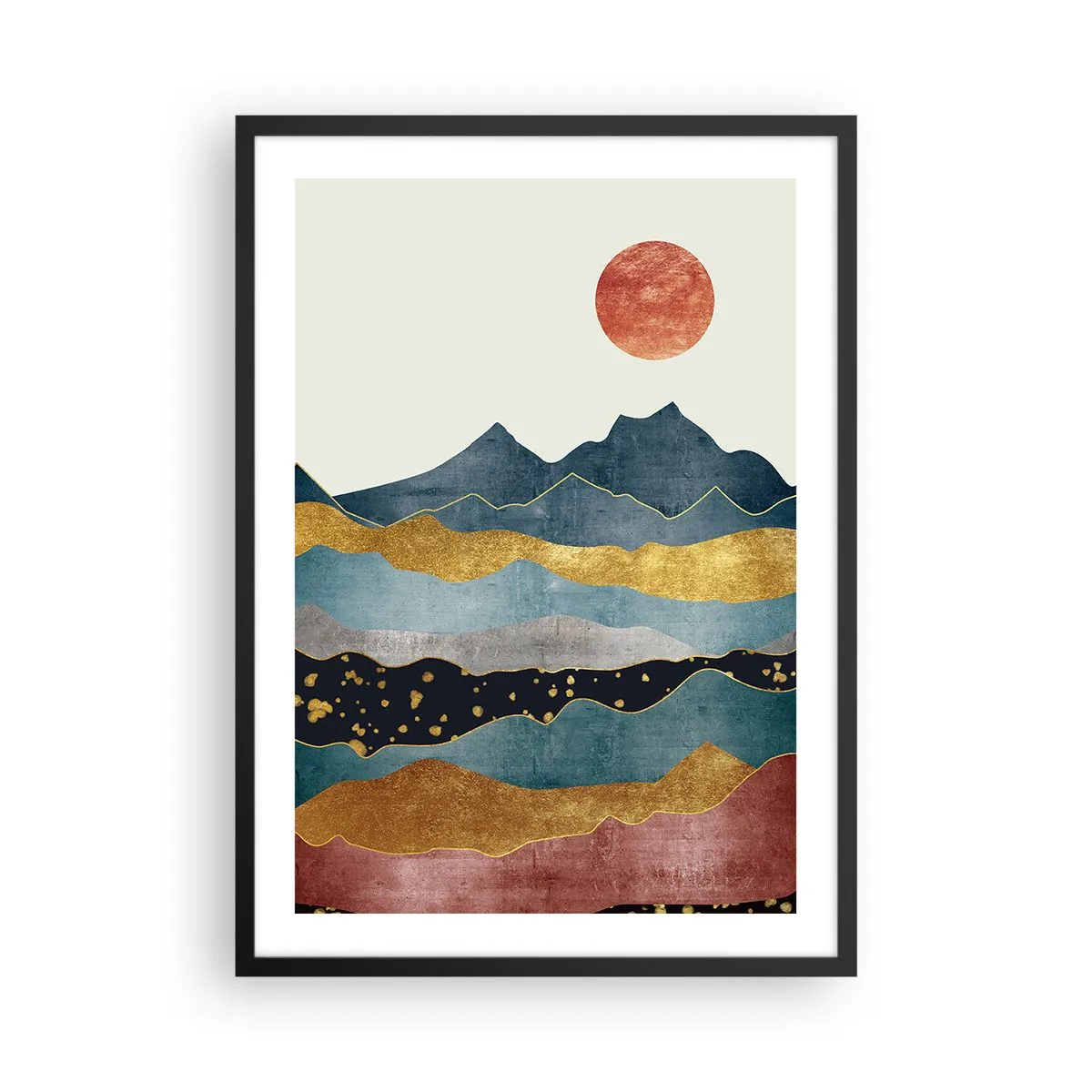 Affiche dans un cadre noir - Poster - Montagnes abstraites dans des tons d'or, de bleu et de rouge - 50x70cm - Une coupe du monde - Décoration murale moderne pour le salon et la chambre ARTTOR