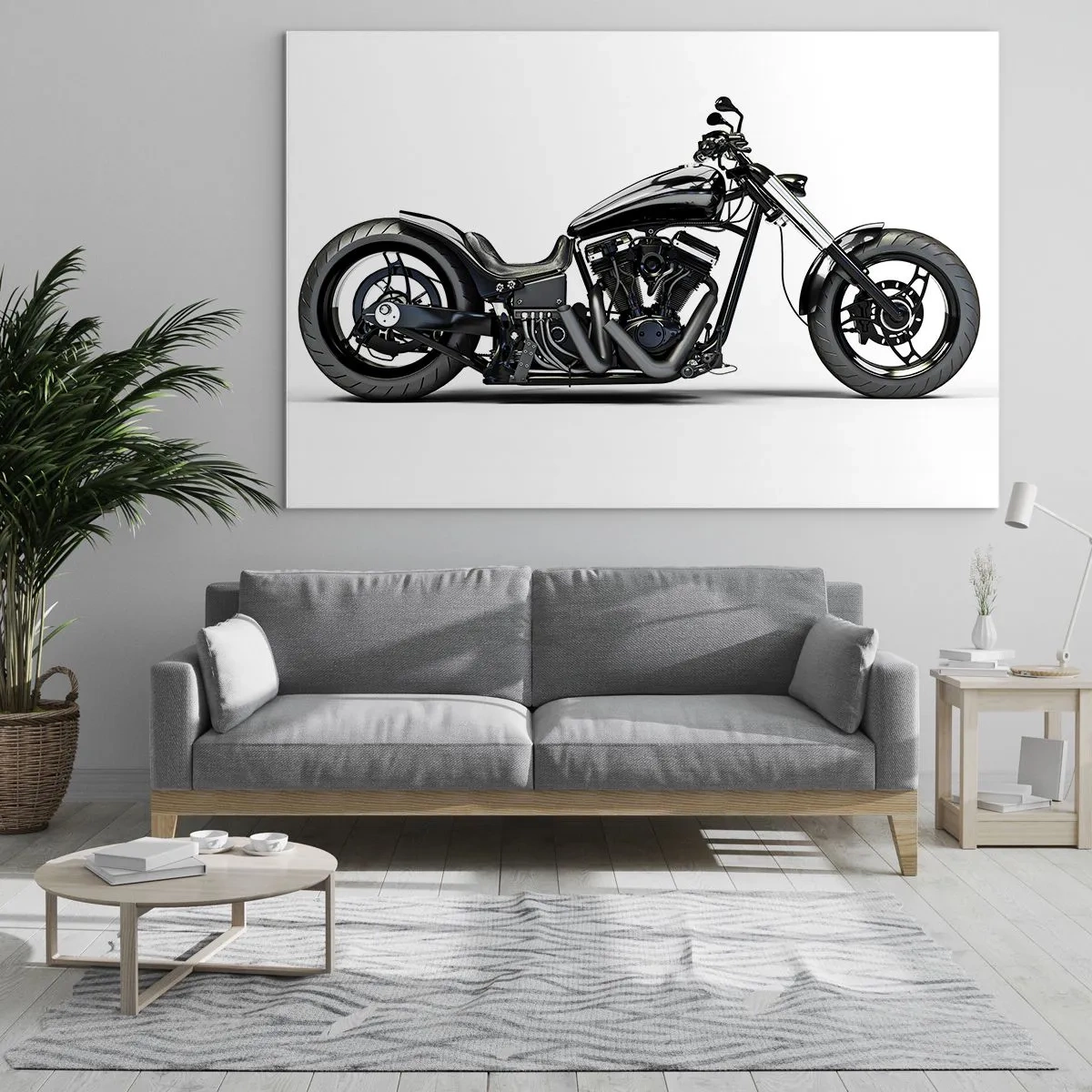 Impression sur verre - Image sur verre - Moto customisée noire sur fond blanc - 100x70cm - Pour ceux qui aiment la liberté - Décoration murale moderne pour le salon et la chambre ARTTOR