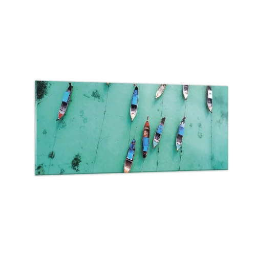 Impression sur verre - Image sur verre - Vue aérienne de bateaux sur une eau turquoise - 120x50cm - Dans une attente jouyeuse - Décoration murale moderne pour le salon et la chambre ARTTOR