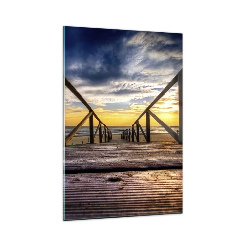 Impression sur verre - Image sur verre - Jetée en bois menant à la plage au coucher du soleil - 80x120cm - Directement sur une plage calme au coucher de soleil - Décoration murale moderne pour le salon et la chambre ARTTOR