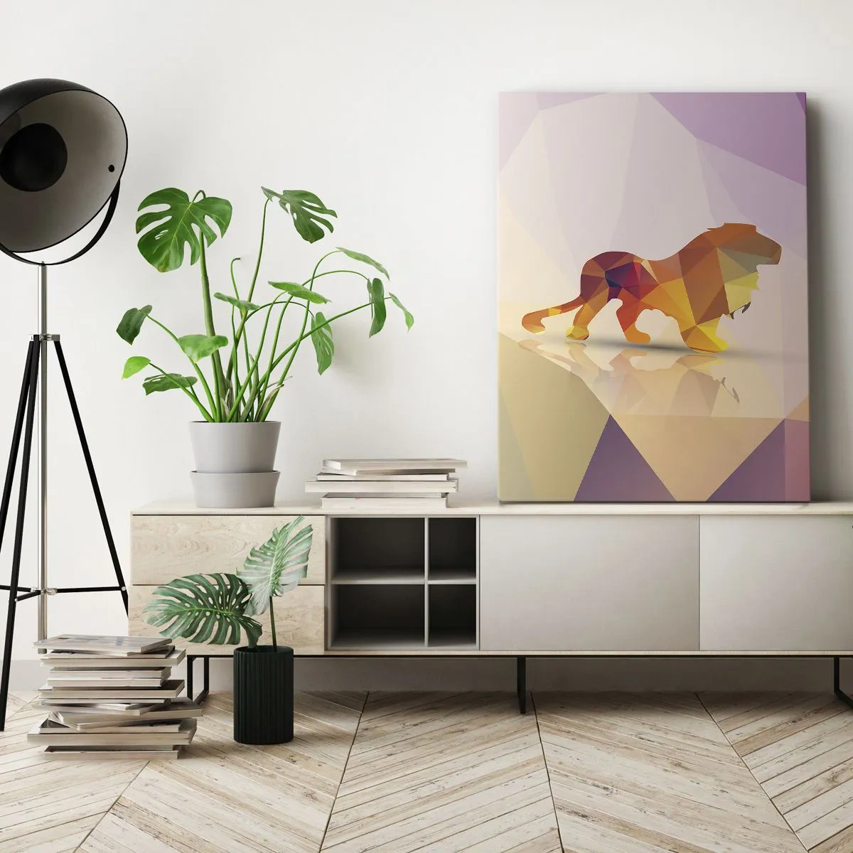 Impression sur toile - Image sur toile - Silhouette géométrique d'un lion dans les tons jaune et orange - 50x70cm - Le roi du diamant - Décoration murale moderne pour le salon et la chambre ARTTOR
