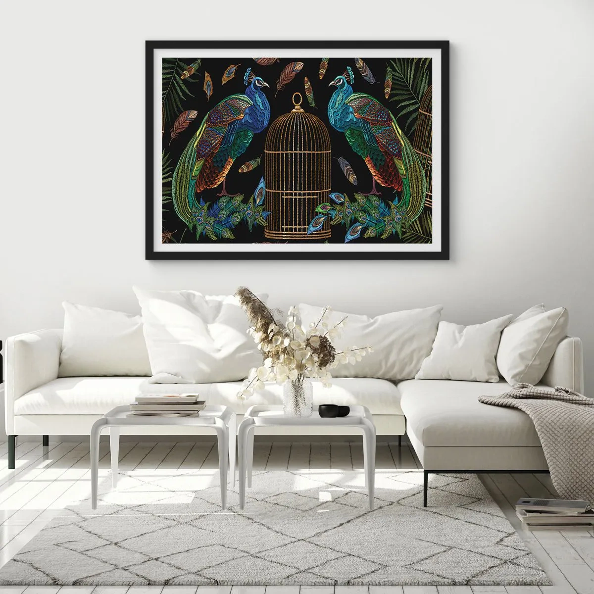 Affiche dans un cadre noir - Poster - Paons à côté d'une cage dorée sur fond noir - 70x50cm - En robes royales - Décoration murale moderne pour le salon et la chambre ARTTOR