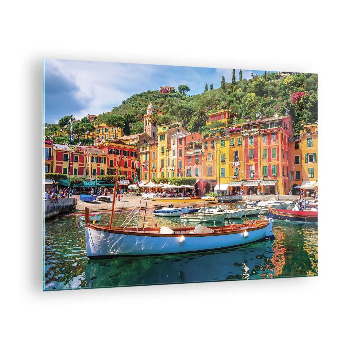 Impression sur verre - Image sur verre - Bâtiments colorés près du port dans une ville pittoresque - 70x50cm - Matinée italienne - Décoration murale moderne pour le salon et la chambre ARTTOR