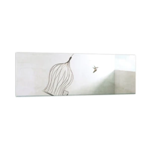 Impression sur verre - Image sur verre - Un oiseau libéré d'une cage sur fond de ciel lumineux - 160x50cm - Dans son élément - Décoration murale moderne pour le salon et la chambre ARTTOR