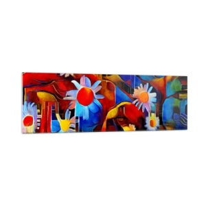 Impression sur verre - Image sur verre - Fleurs abstraites sur fond de motifs géométriques - 160x50cm - Les couleurs de la vie - Décoration murale moderne pour le salon et la chambre ARTTOR
