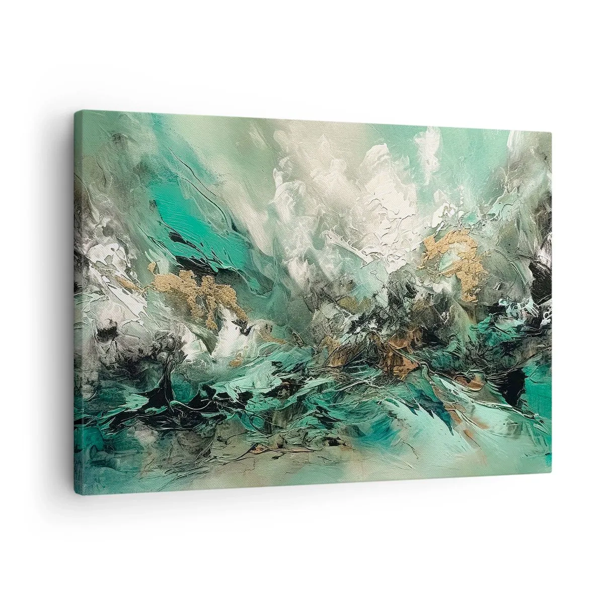 Impression sur toile - Image sur toile - Paysage abstrait dans les tons de vert et d'or - 70x50cm - Ressac émeraude et noir - Décoration murale moderne pour le salon et la chambre ARTTOR