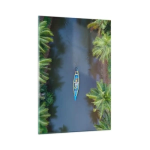 Impression sur verre - Image sur verre - Vue aérienne d'un bateau sur une rivière entourée de palmiers - 80x120cm - Sur un sentier tropical - Décoration murale moderne pour le salon et la chambre ARTTOR