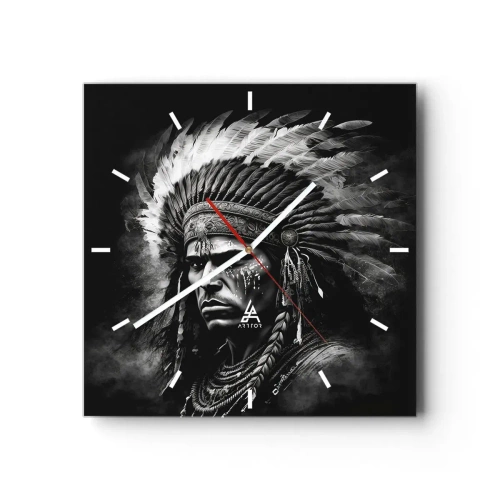 Horloge murale - Pendule murale - Portrait d'un chef portant une coiffe à plumes sur fond noir - 30x30cm - Un leader et un guerrier - Décoration murale moderne pour le salon et la chambre ARTTOR