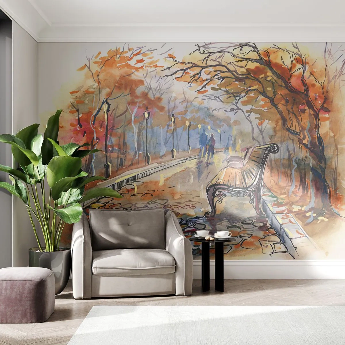 Papier Peint Photo Premium Sand - Parc d'automne avec un banc de style aquarelle - 100x70cm - Errer ensemble à l'automne - Décoration murale moderne pour le salon et la chambre ARTTOR
