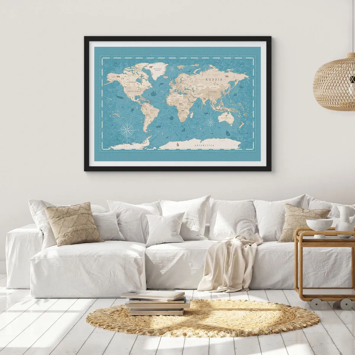 Affiche dans un cadre noir - Poster - Carte du monde décorative dans les tons bleu et beige - 70x50cm - Le monde à porter de main - Décoration murale moderne pour le salon et la chambre ARTTOR