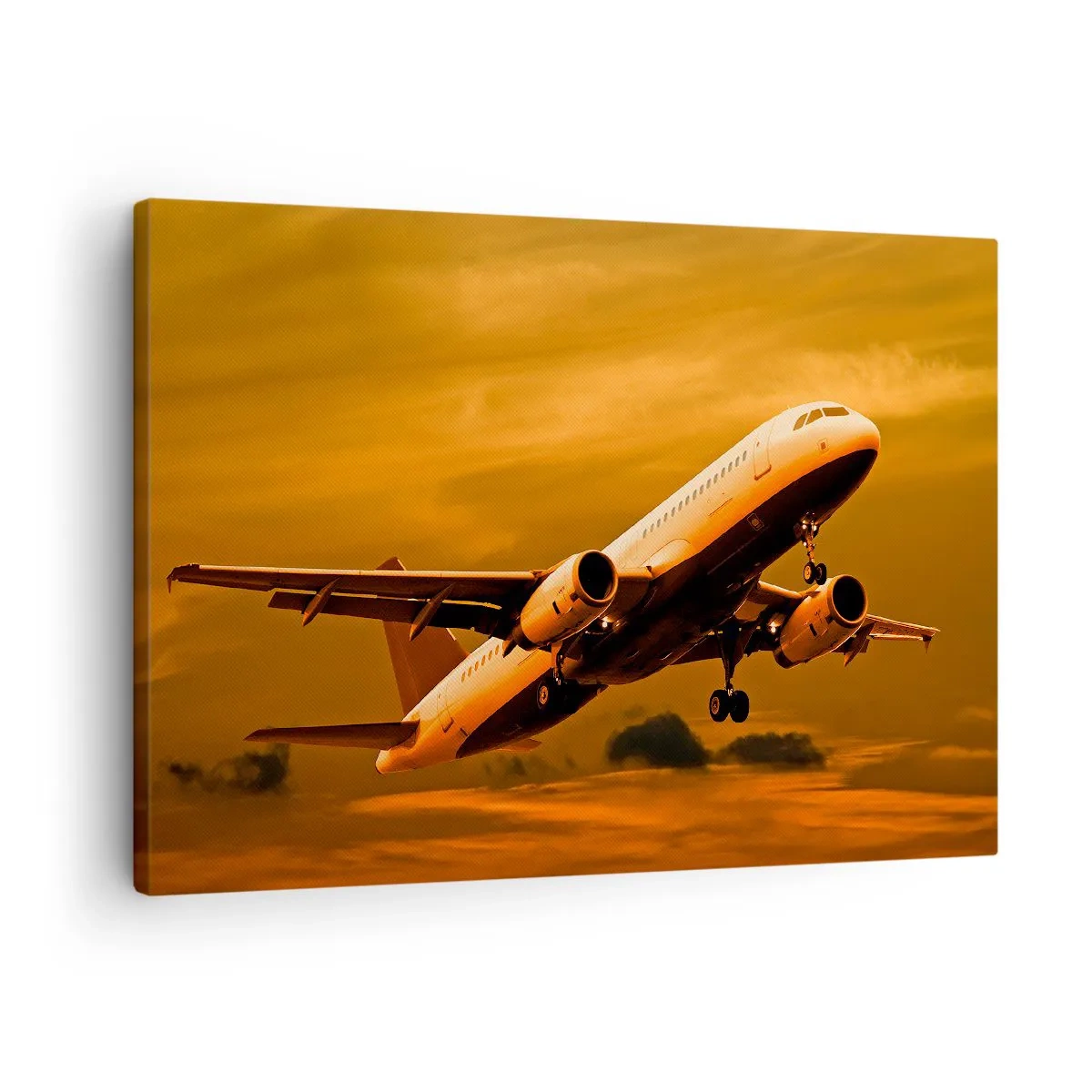 Impression sur toile - Image sur toile - Un avion de ligne décollant sous un ciel de coucher de soleil doré. - 70x50cm - Vol vers le soleil - Décoration murale moderne pour le salon et la chambre ARTTOR