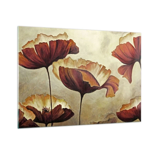 Impression sur verre - Image sur verre - Fleurs de pavot dans les tons de rouge et d'or sur fond clair - 100x70cm - À la lisière des champs - Décoration murale moderne pour le salon et la chambre ARTTOR