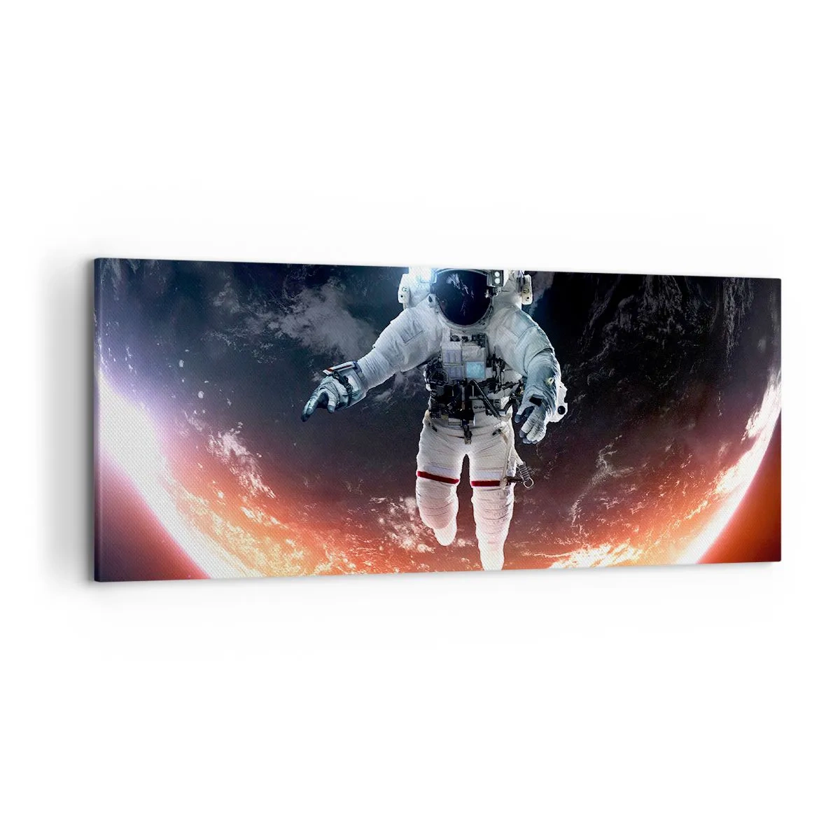 Impression sur toile - Image sur toile - Un astronaute flottant au-dessus d'une Terre éclairée par le soleil - 120x50cm - Puis-je rester un peu plus longtemps ? - Décoration murale moderne pour le salon et la chambre ARTTOR