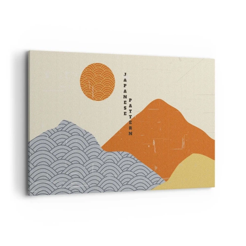 Impression sur toile - Image sur toile - Motifs japonais avec montagnes, soleil et style minimaliste - 120x80cm - Dans l'esprit japonais - Décoration murale moderne pour le salon et la chambre ARTTOR