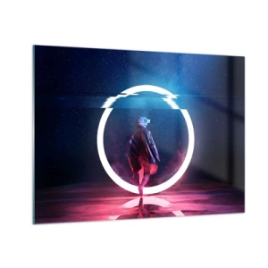 Impression sur verre - Image sur verre - Une figurine dans un décor futuriste avec un anneau néon - 70x50cm - Entre deux mondes - Décoration murale moderne pour le salon et la chambre ARTTOR