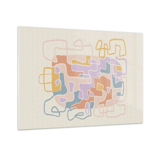 Impression sur verre - Image sur verre - Un labyrinthe coloré de lignes sur un fond crème - 100x70cm - Labyrinthe – une aventure joyeuse - Décoration murale moderne pour le salon et la chambre ARTTOR