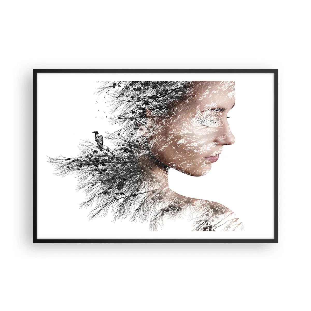 Affiche dans un cadre noir - Poster - Silhouette d'une femme avec un motif de branche et d'oiseau en arrière-plan - 100x70cm - L'âme de la forêt - Décoration murale moderne pour le salon et la chambre ARTTOR