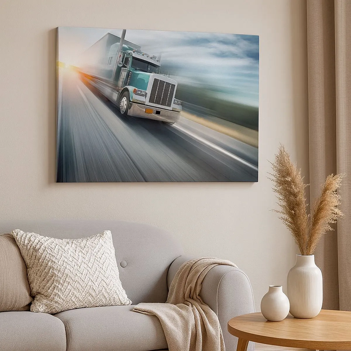 Impression sur toile - Image sur toile - Un camion sur l'autoroute en mouvement au coucher du soleil - 70x50cm - Le géant américain est en fuite - Décoration murale moderne pour le salon et la chambre ARTTOR