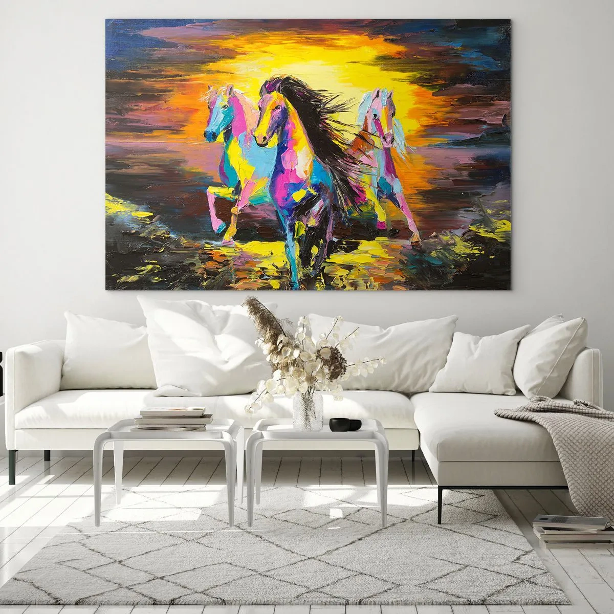 Impression sur verre - Image sur verre - Chevaux colorés galopant sur fond de coucher de soleil - 70x50cm - Immergé dans l'arc-en-ciel - Décoration murale moderne pour le salon et la chambre ARTTOR