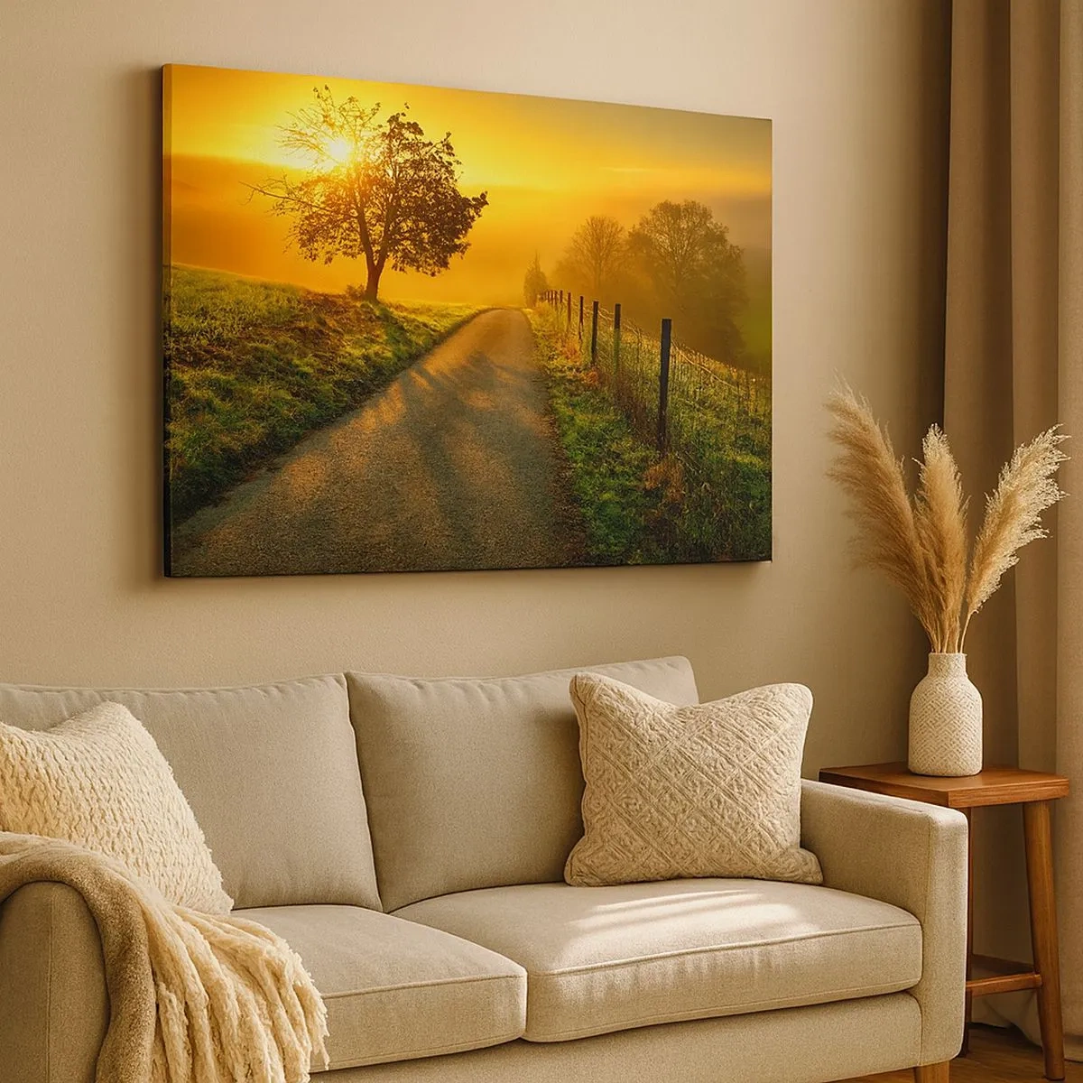 Impression sur toile - Image sur toile - Une route pittoresque au coucher du soleil avec un arbre solitaire en arrière-plan - 70x50cm - Après-midi de miel - Décoration murale moderne pour le salon et la chambre ARTTOR