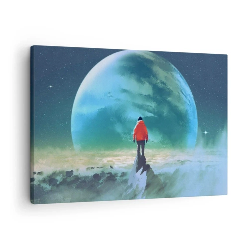 Impression sur toile - Image sur toile - Un homme portant une veste rouge debout devant une grande planète avec des étoiles en arrière-plan. - 70x50cm - Explorateur de la nouvelle terre - Décoration murale moderne pour le salon et la chambre ARTTOR