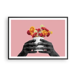 Affiche dans un cadre noir - Poster - Mains tenant un bouquet de fleurs colorées - 100x70cm - Apothéose de la vie - Décoration murale moderne pour le salon et la chambre ARTTOR