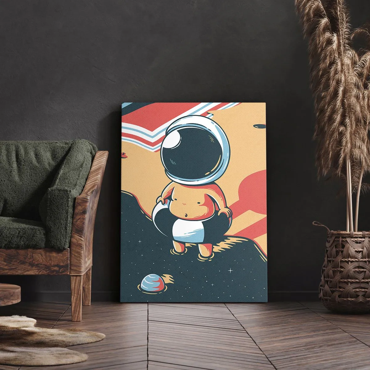 Impression sur toile - Image sur toile - Astronaute drôle sur la plage avec des éléments spatiaux en arrière-plan - 80x120cm - Suivant une autre perspective - Décoration murale moderne pour le salon et la chambre ARTTOR