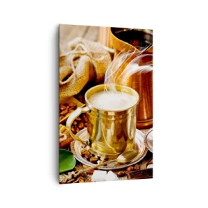 Impression sur toile - Image sur toile - Une tasse de café dorée entourée de grains, de cruches et de croissants - 80x120cm - Bonne journée! - Décoration murale moderne pour le salon et la chambre ARTTOR