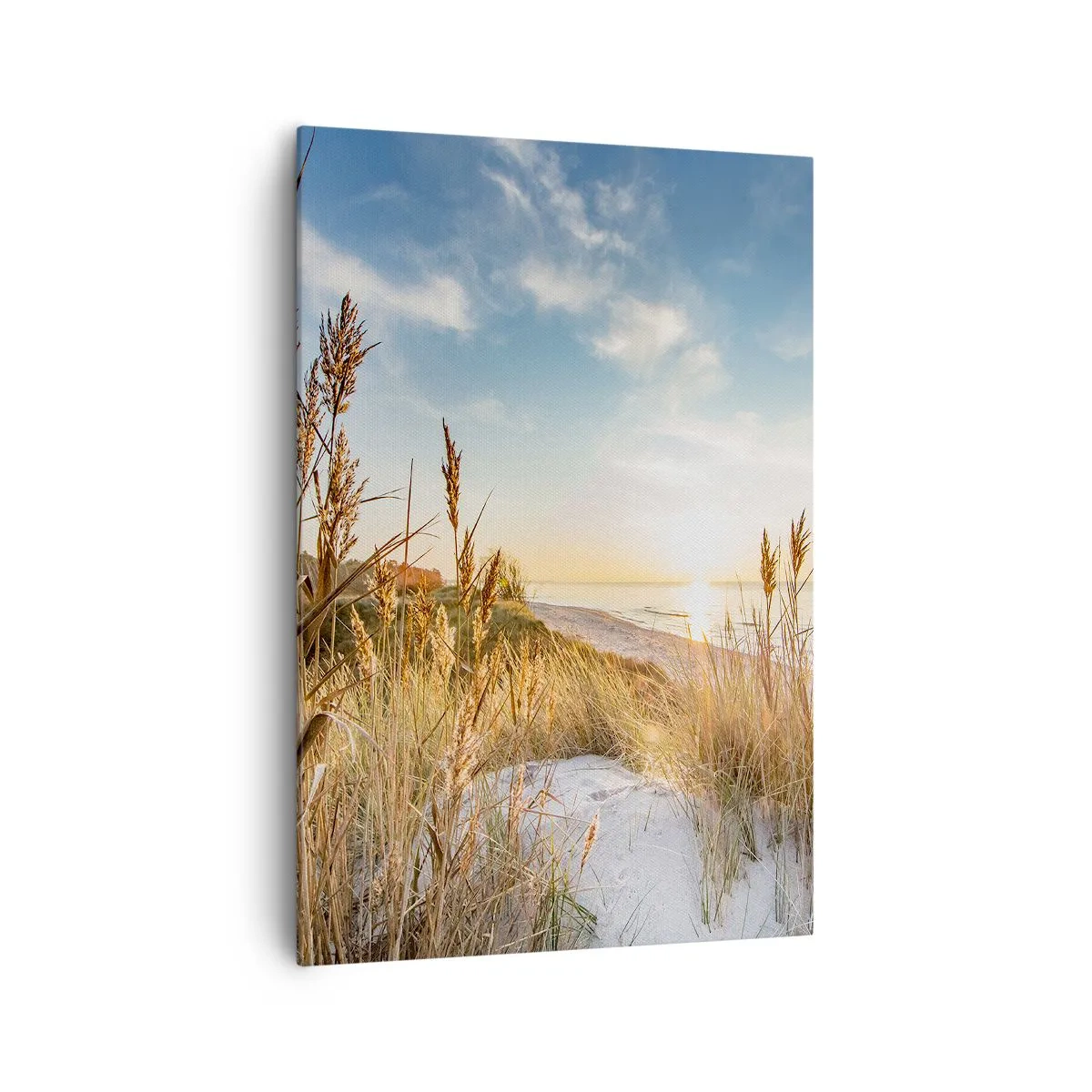 Impression sur toile - Image sur toile - Une plage pittoresque avec de l'herbe et le soleil couchant - 70x100cm - Plage du nord - Décoration murale moderne pour le salon et la chambre ARTTOR